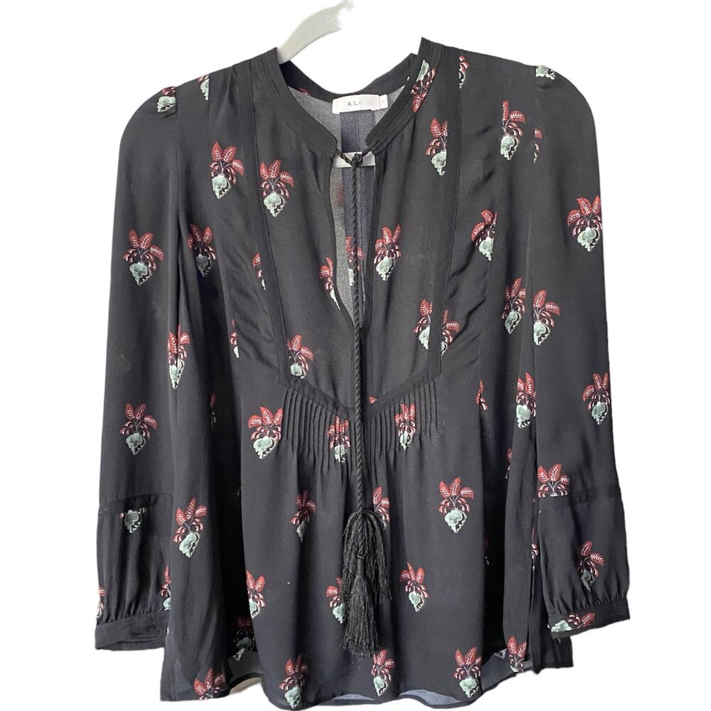 A.L.C 100% Silk Dark Floral Long Sleeves Blouse with Tassels in Black
